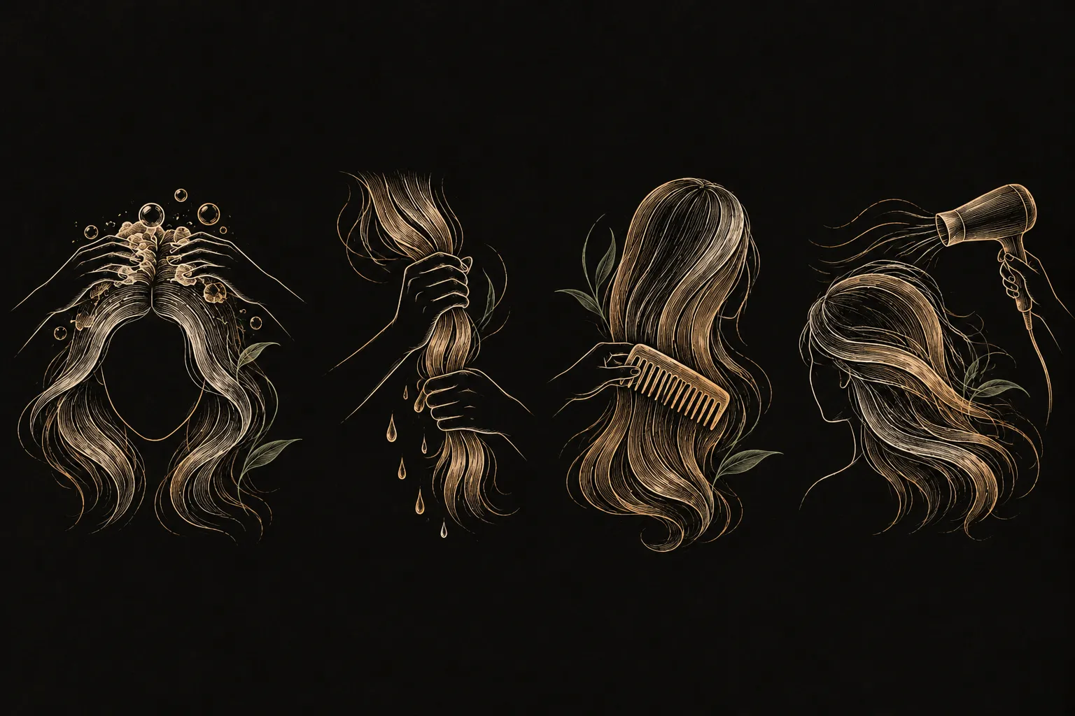 Ilustrace: čtyři kroky po mytí - masáž pokožky, vymačkání vody, pročesání a sušení kořínků